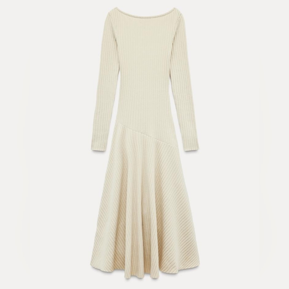Zara 3253/850 Ecru Tilted Drop Waist Ribbed Dress - Picture 7 of 13